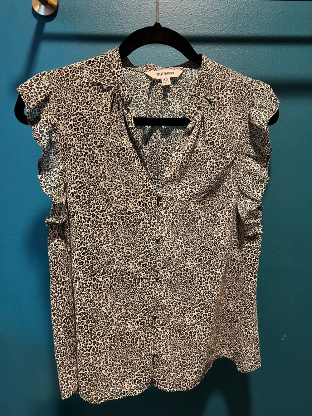 Steve Madden Black and White Leopard Ruffle Sleeve Blouse